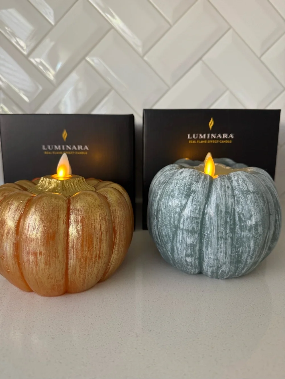 Luminara Pumpkin Flameless Candle Set of 2 Green & Autumn Maple NIB